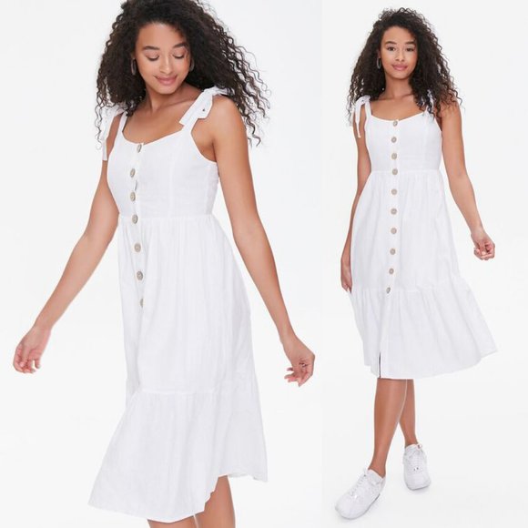 NEW Ivory Linen Blend Tie Straps Button Midi Dress - Picture 3 of 10